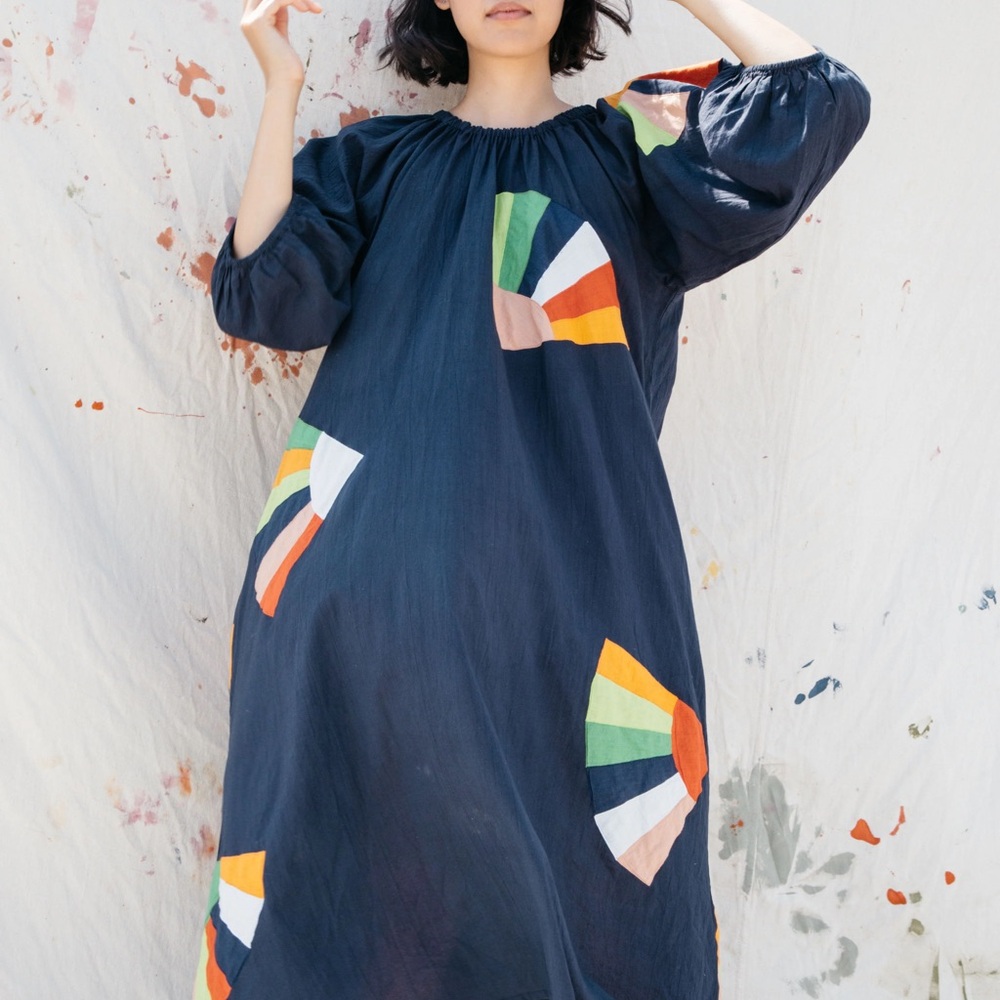 Navy Long Sleeve Dress with Multicolor Fan Design